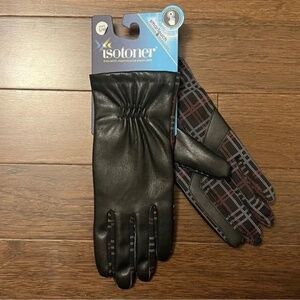 Isotoner Small/Medium Plaid Lined Faux Leather Gloves